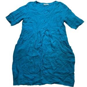 Woolovers Blue Linen Tunic Dress Size 12 Women's Lagenlook Pockets Pullover